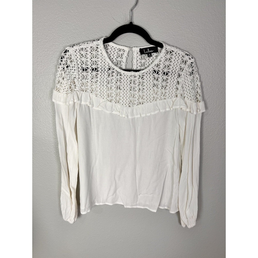 Lulus Blouse Womens Medium White Long Sleeve Scoop Neck Solid Shirt Adult Top